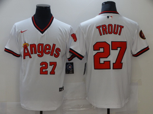 Men Nike Angels 27 Mike Trout White Nike Cool Base Jersey