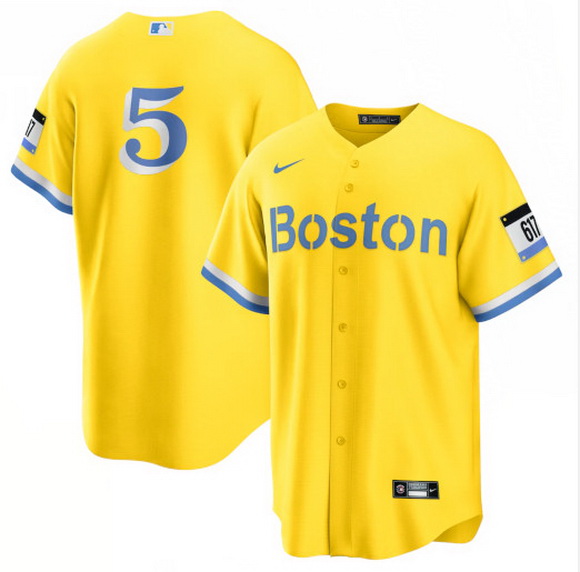 Men Boston Red Sox 5 Enrique Hernandez Nike Gold Light Blue 2021 City Connect Jersey