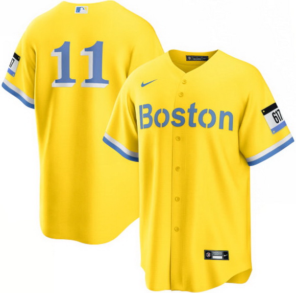 Men Boston Red Sox 11 Rafael Devers Nike Gold Light Blue 2021 Ci