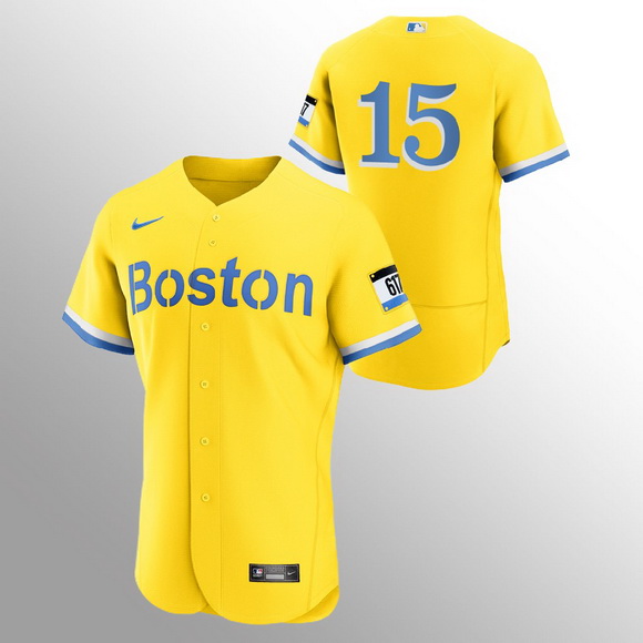 Men Boston Red Sox 15 Dustin Pedroia Men Nike 2021 City Connect Gold Authentic MLB Jersey   No Name