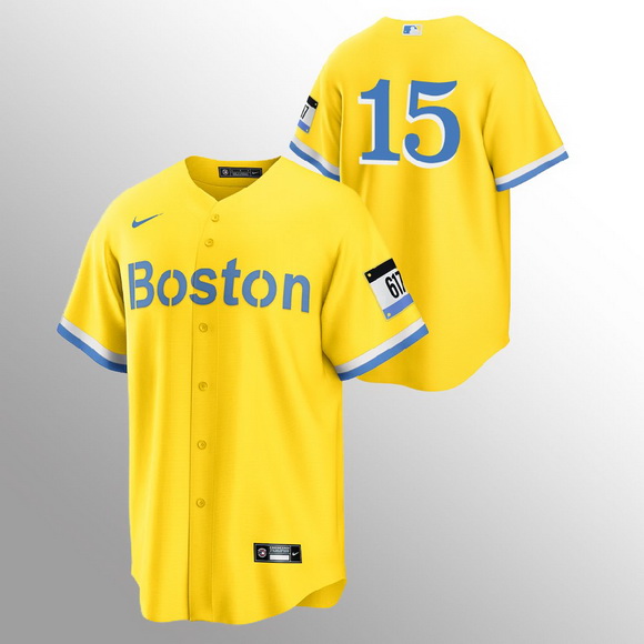 Men Boston Red Sox 15 Dustin Pedroia Men Nike 2021 City Connect Gold Fans Version MLB Jersey   No Na