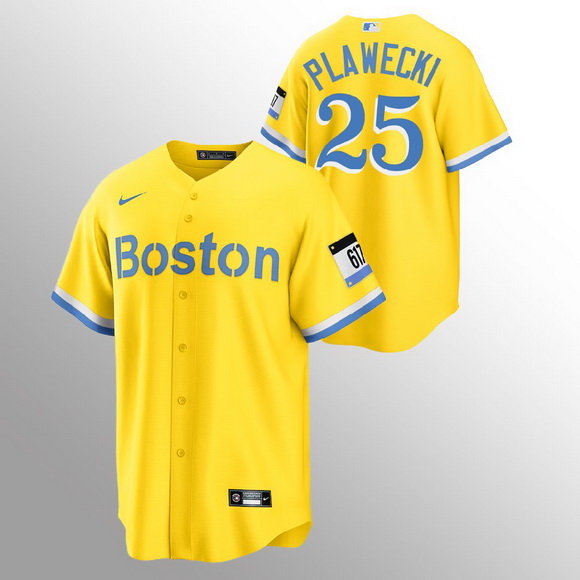 Men Boston Red Sox 25 Kevin Plawecki Men Nike 2021 City Connect Gold Fans Version MLB Jersey