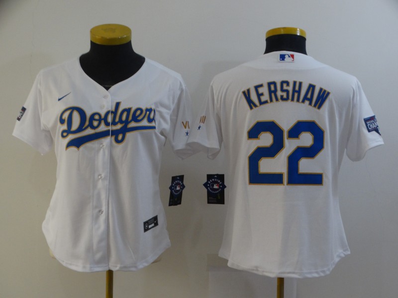 Ｗomen Los Angeles Dodgers Clayton Kershaw 22 Championship Gold Trim White All Stitched Cool Base Jer