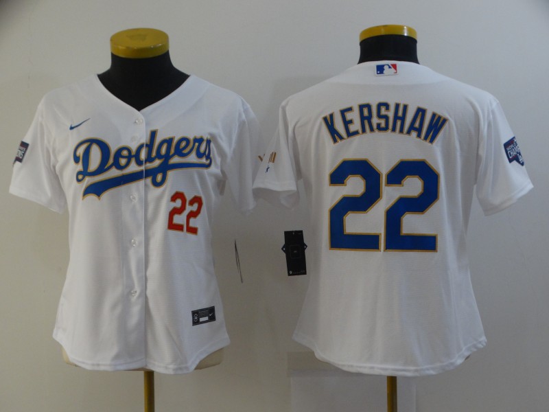 Ｗomen Los Angeles Dodgers Clayton Kershaw 22 Championship Gold Trim White All Stitched Flex Base Jer