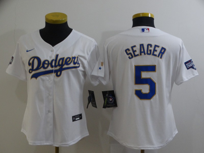 Women Los Angeles Dodgers Corey Seager 5 Championship Gold Trim White All Stitched Cool Base Jersey