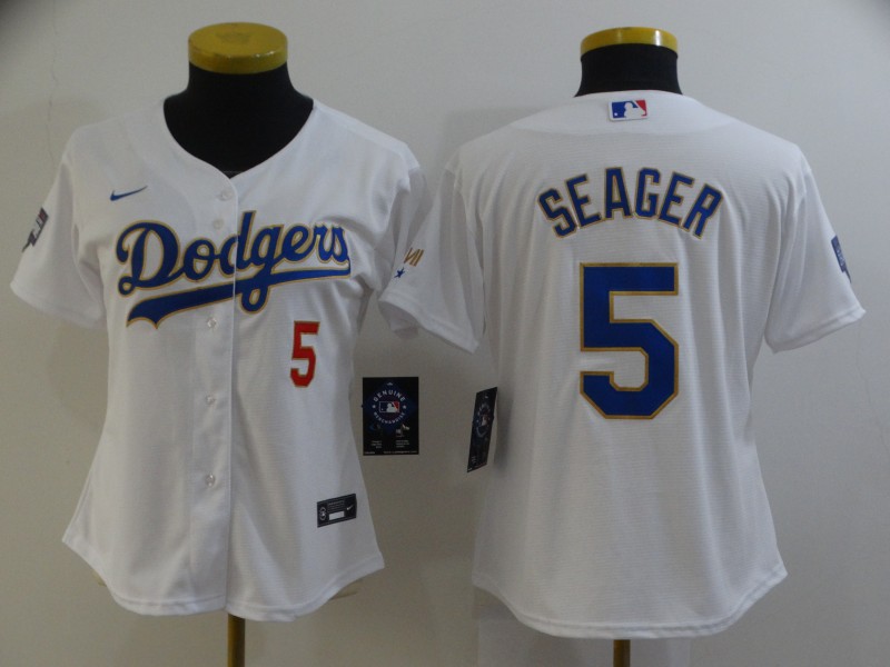 Women Los Angeles Dodgers Corey Seager 5 Championship Gold Trim White All Stitched Flex Base Jersey