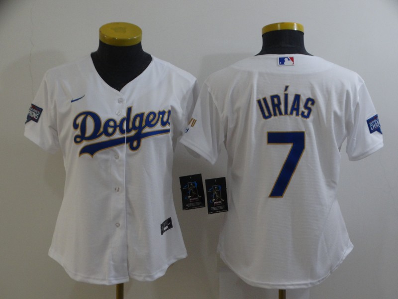 Women Los Angeles Dodgers Julio Urias 7 Championship Gold Trim White Limited All Stitched Cool Base 