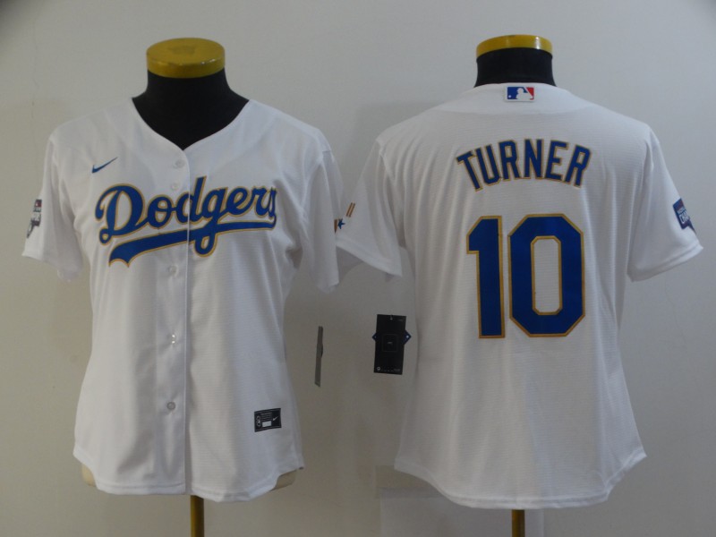 Women Los Angeles Dodgers Justin Turner 10 Championship Gold Trim White All Stitched Cool Base Jerse