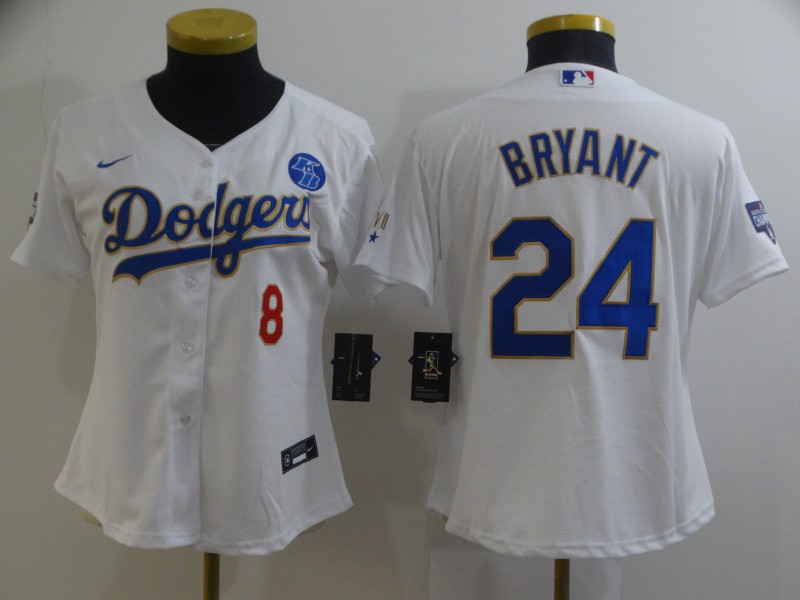 Women Los Angeles Dodgers Kobe Bryant 8 24 Championship Gold Trim White Limited All Stitched Flex Ba