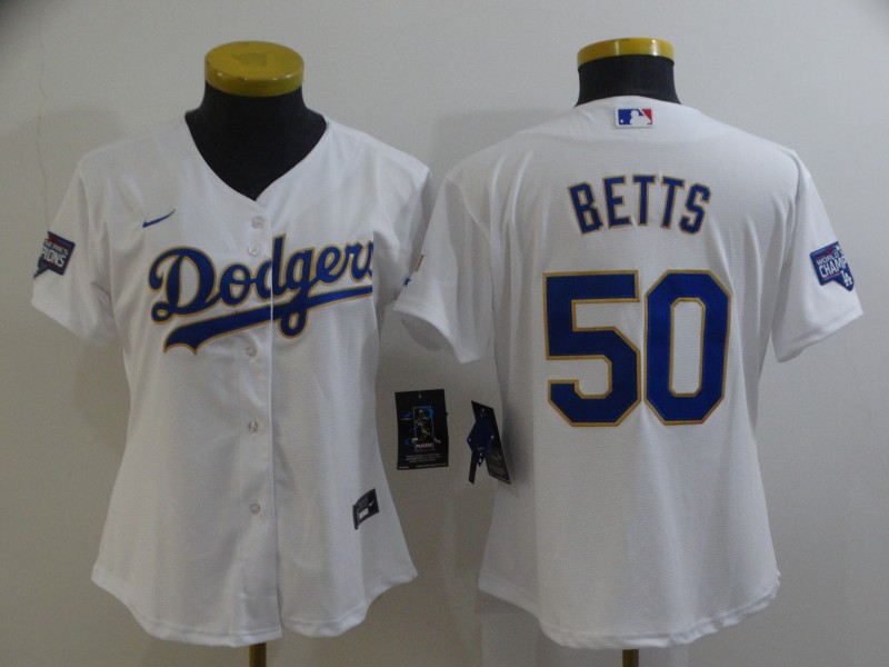 Women Los Angeles Dodgers Mookie Betts 50 Championship Gold Trim White Limited All Stitched Cool Bas