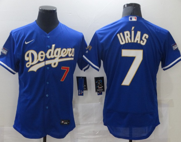 Men Los Angeles Dodgers Julio Urias 7 Championship Gold Trim Blue Limited All Stitched Flex Base Jer