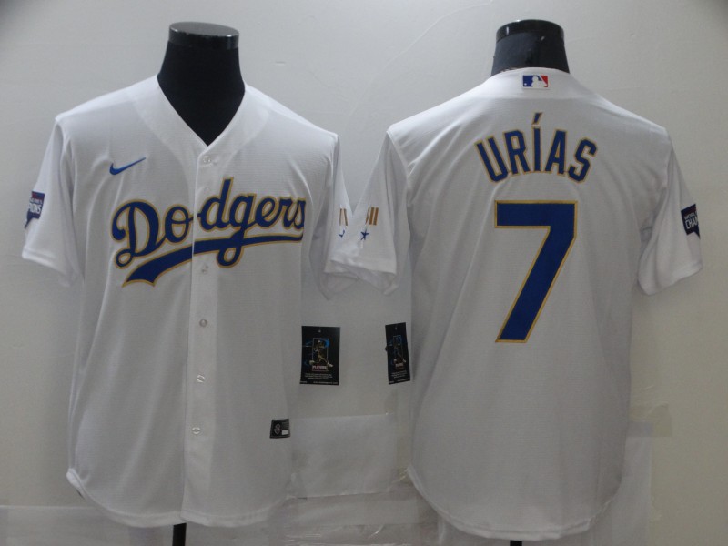 Men Los Angeles Dodgers Julio Urias 7 Championship Gold Trim White Limited All Stitched Cool Base Je