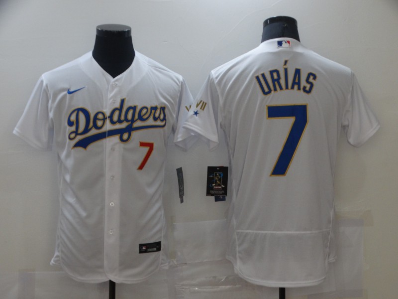 Men Los Angeles Dodgers Julio Urias 7 Championship Gold Trim White Limited All Stitched Flex Base Je