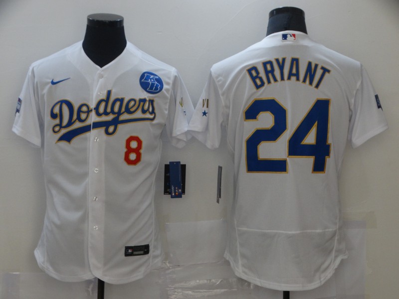 Men Los Angeles Dodgers Kobe Bryant 8 24 Championship Gold Trim White Limited All Stitched Flex Base