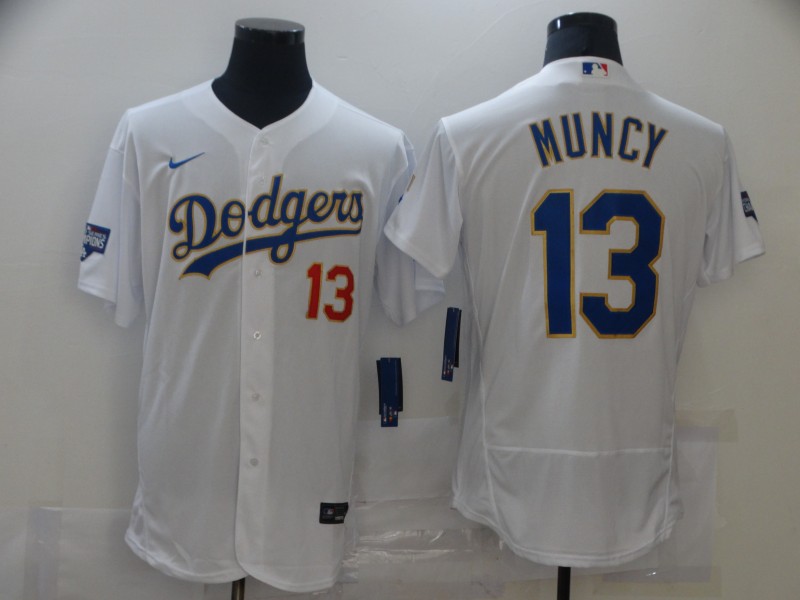 Men Los Angeles Dodgers Max Muncy 13 Championship Gold Trim White Limited All Stitched Flex Base Jer