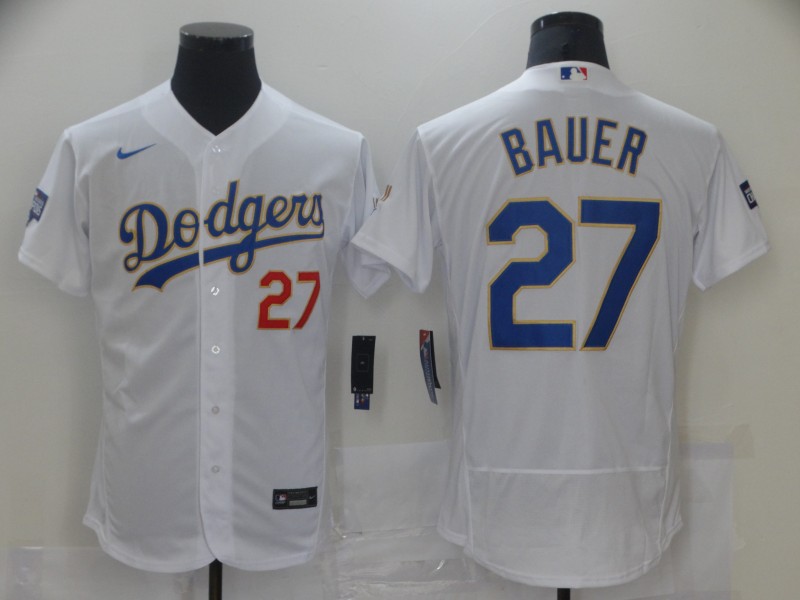 Men Los Angeles Dodgers Trevor Bauer 27 Championship Gold Trim White Limited All Stitched Flex Base 