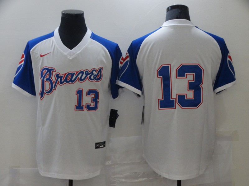 Men Nike Atlanta Braves Acuna Jr. 13 White Blue Pullover Jersey