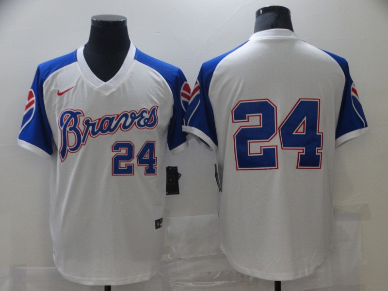 Men Nike Atlanta Braves Deion Sanders 24 White Blue Pullover Jersey