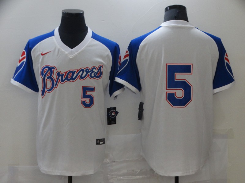 Men Nike Atlanta Braves Freddie Freeman 5 White Blue Pullover Jersey