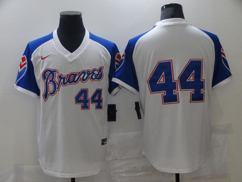 Men Nike Atlanta Braves Hank Aaron 44 White Blue Pullover Jersey