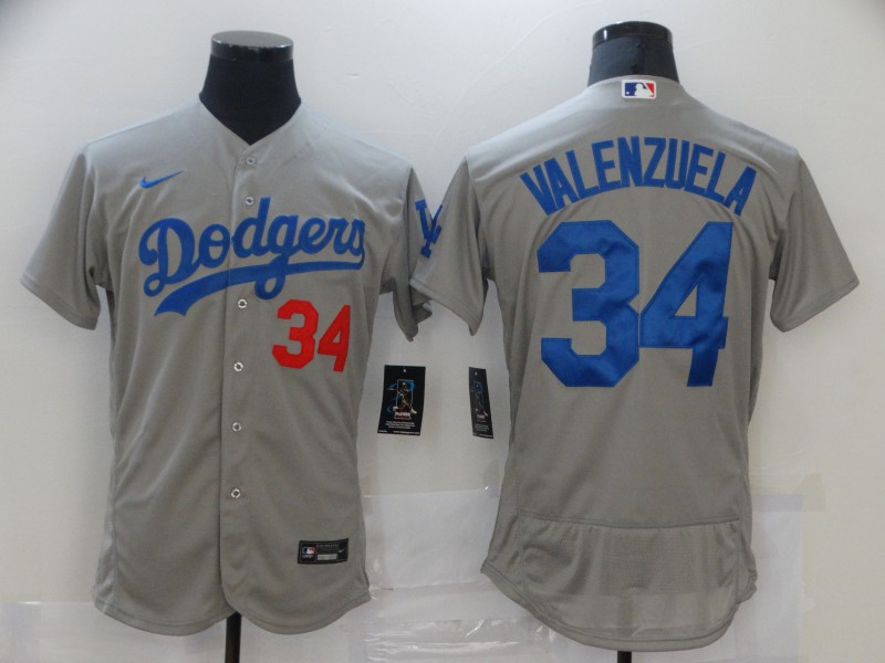 Men Nike Los Angeles Dodgers Fernando Valenzuela 34 Gray 2020 Nike Cool Base Jersey