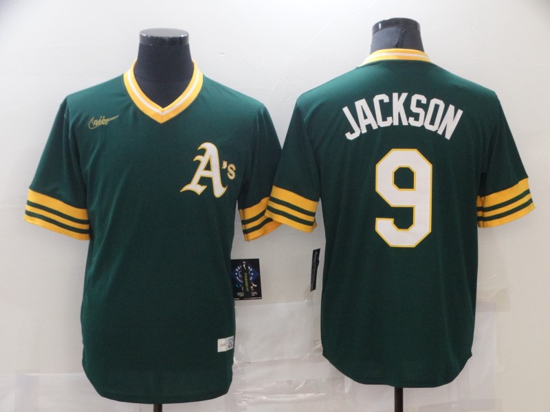 Men Nike Oakland Athletics Reggie Jackson #9 Yellow Green Stitched MLB Jersey