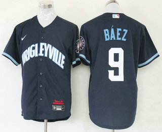 Men Chicago Cubs 9 Javier Baez Navy Blue 2021 City Connect Stitched MLB Cool Base Nike Jersey