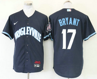 Men Chicago Cubs 17 Kris Bryant Navy Blue 2021 City Connect Stitched MLB Cool Base Nike Jersey