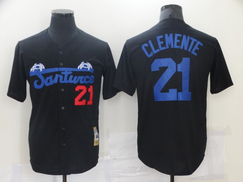 Men Santwice 21 Film Roberto Clemente Black Base Ball Jersey