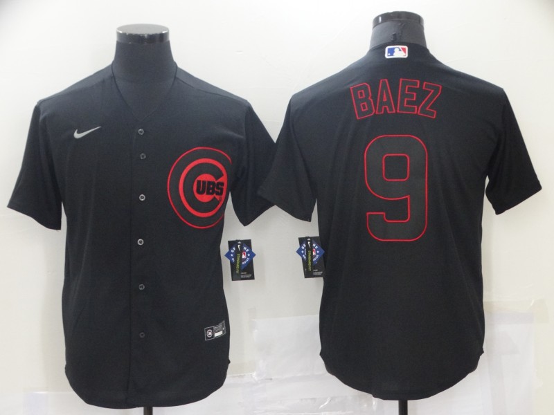 Men's Nike Chicago Cubs Javier Baez 9 Black Red Outline Stitched Baseball Jersey