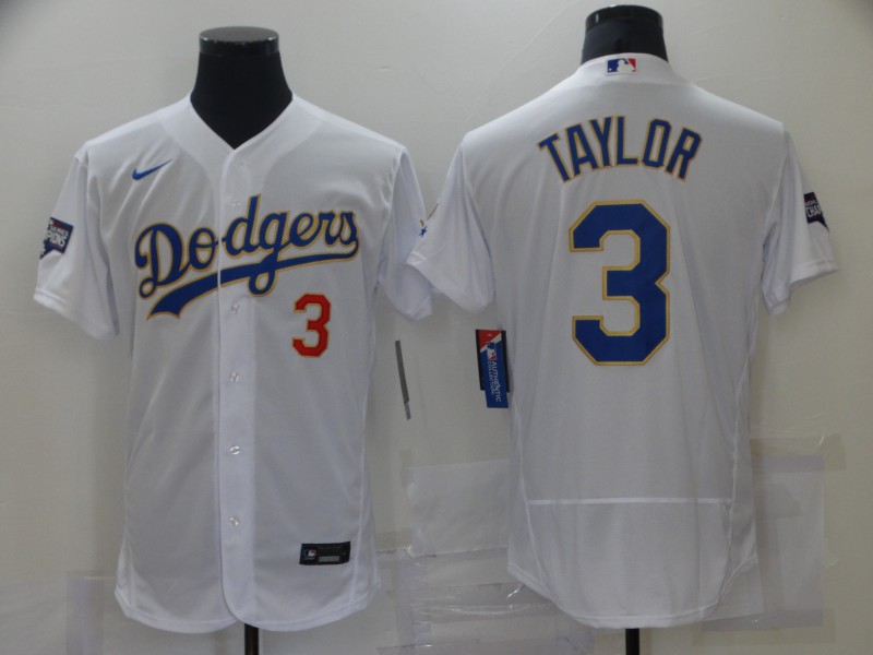 Men Los Angeles Dodgers  Chris Taylor 3 Championship Gold Trim White Limited All Stitched Flex Base 