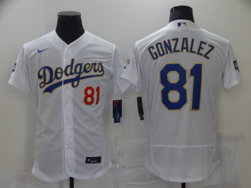 Men Los Angeles Dodgers Luis Gonzalez 81 Championship Gold Trim  VII White Limited All Stitched Flex