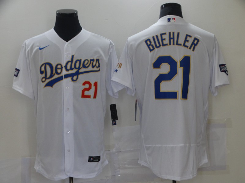 Men Los Angeles Dodgers Walker Buehler 21 Championship Gold Trim White Limited All Stitched Flex Bas