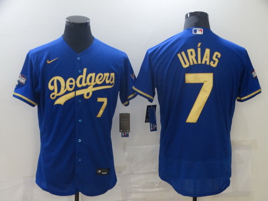 Men Dodgers 7 Julio Urias Royal Gold Champion Nike Flexbase Jersey