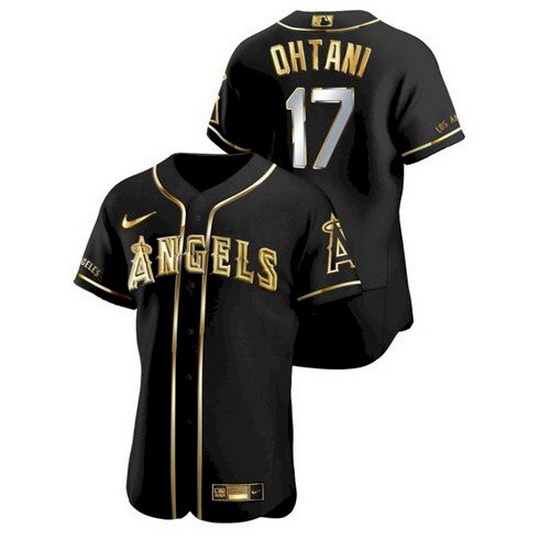 Men Los Angeles Angels 17 Shohei Ohtani Black Gold Stitched MLB Flex Base Nike Jersey