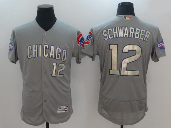 Men Men Chicago Cubs 12 Schwarber Grey Champion gold character Elite 2021 MLB Jerseys