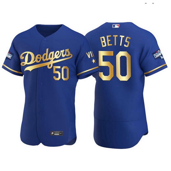 Men Los Angeles Dodgers 50 Mookie Betts Men Nike Authentic 2021 Gold Program World Series Champions 