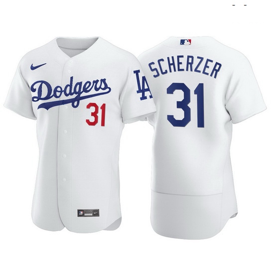 Men Los Angeles Dodgers 31 Max Scherzer Men Nike White Home 2020 World Series Champions Authentic Pl