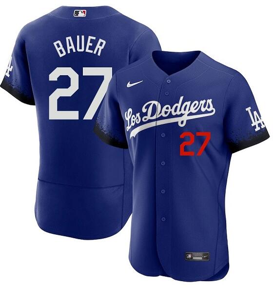 Men's Los Angeles Dodgers #27 Trevor Bauer 2021 Royal City Connect Flex Base Stitched Baseball Jerse