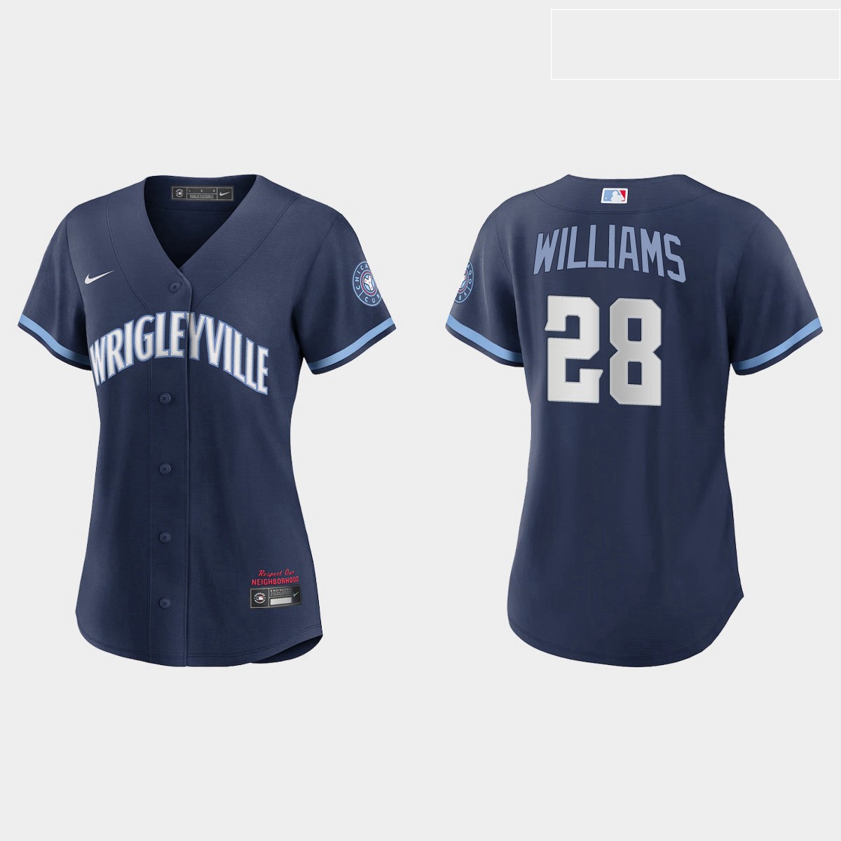 Chicago Cubs 28 Mitch Williams Women Nike 2021 City Connect Navy MLB Jersey