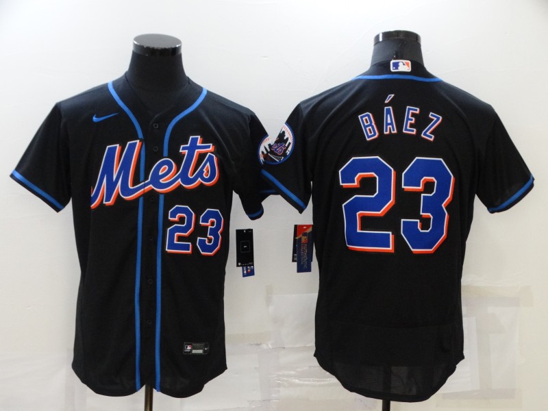 Men New York Mets Javier Baez 23 Nike Black Blue Alternate MLB Jersey