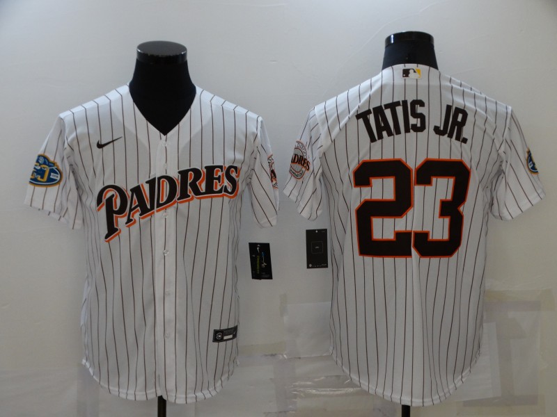 Men San Diego Padres Fernando Tatis Jr 23 White Orange Outline Nike 2021 Cool Base Jersey