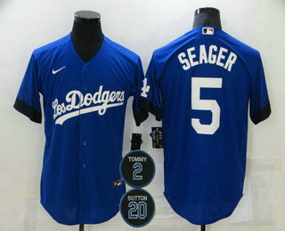 Men Los Angeles Dodgers 5 Corey Seager Blue 2 20 Patch City Connect Cool Base Stitched Jersey