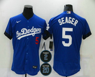 Men Los Angeles Dodgers 5 Corey Seager Blue 2 20 Patch City Connect Flex Base Stitched Jersey