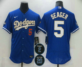 Men Los Angeles Dodgers 5 Corey Seager Blue 2 20 Patch Stitched MLB Flex Base Nike Jersey