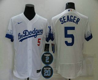 Men Los Angeles Dodgers 5 Corey Seager White 2 20 Patch City Connect Flex Base Stitched Jersey