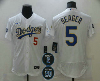 Men Los Angeles Dodgers 5 Corey Seager White 2 20 Patch Flex Base Sttiched MLB Jersey