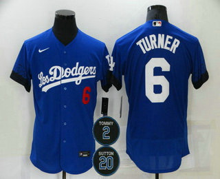 Men Los Angeles Dodgers 6 Trea Turner Blue 2 20 Patch City Connect Flex Base Stitched Jersey