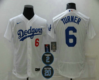 Men Los Angeles Dodgers 6 Trea Turner White 2 20 Patch Stitched MLB Flex Base Nike Jersey