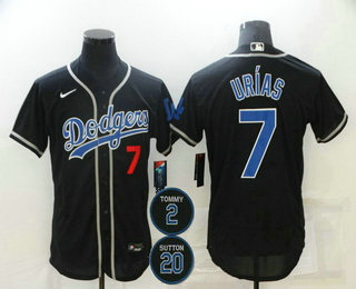 Men Los Angeles Dodgers 7 Julio Urias Black Blue 2 20 Patch Stitched MLB Flex Base Nike Jersey